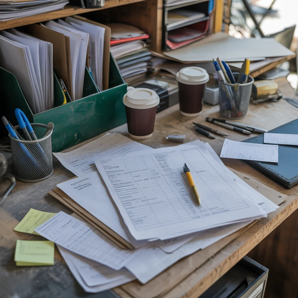 Chaotic job site with scattered paperwork