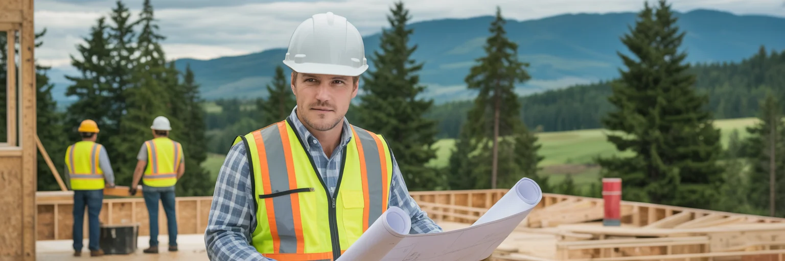 Contractor reviewing plans with crew on Pacific Northwest job site