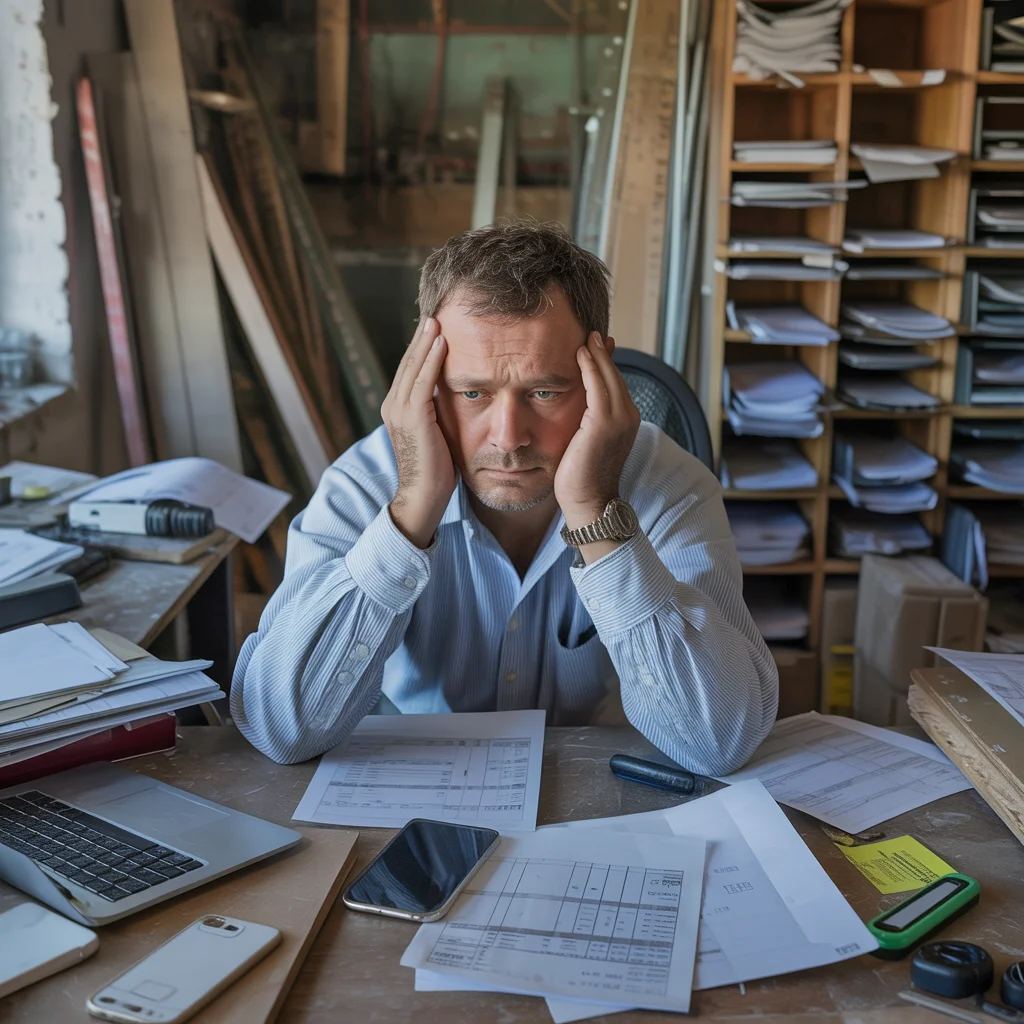 Overworked builder at cluttered desk