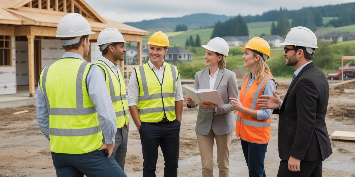 Group of professionals in site walk-through meeting